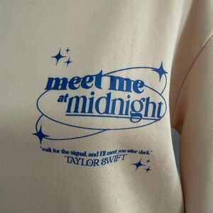 Cream Sweatshirt with Blue Graphic Meet Me At Midnight Taylor Swift